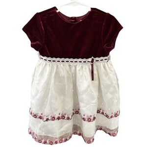 Red Velvet Tulle Floral Embroidered Holiday Dress Little Girls 3T Ribbon Rosette
